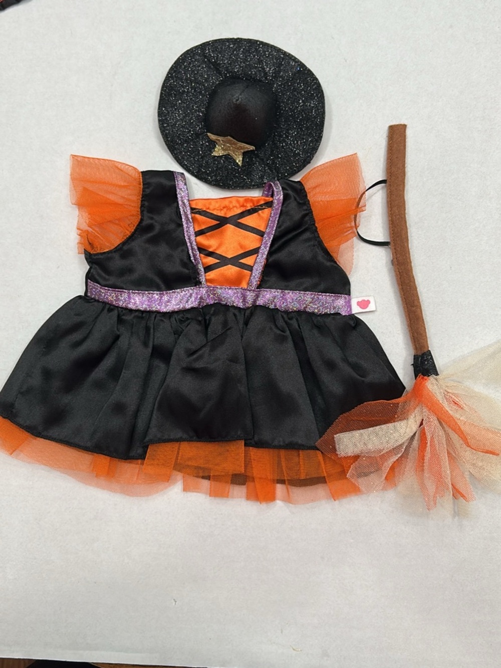 Build-A-Bear Black, Orange & Purple Witch Dress Costume with Hat and Broom